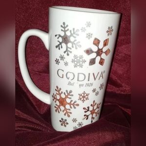 Tall White Ceramic "Godiva Chocolate" With Silver Snowflakes Holiday Mug